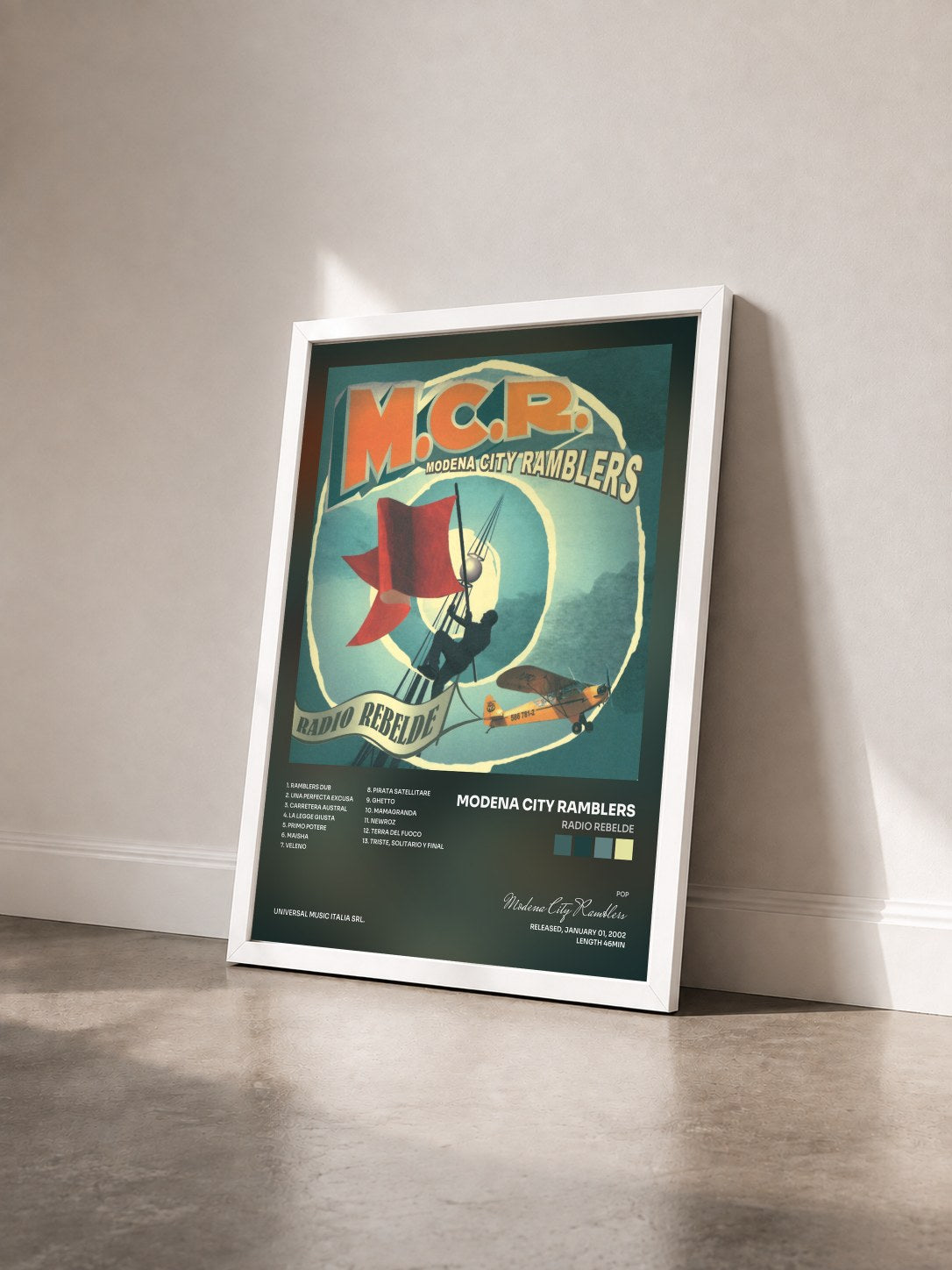 #blanc Tableau de l'album Radio Rebelde de Modena City Ramblers vu de trois quarts, cadre blanc