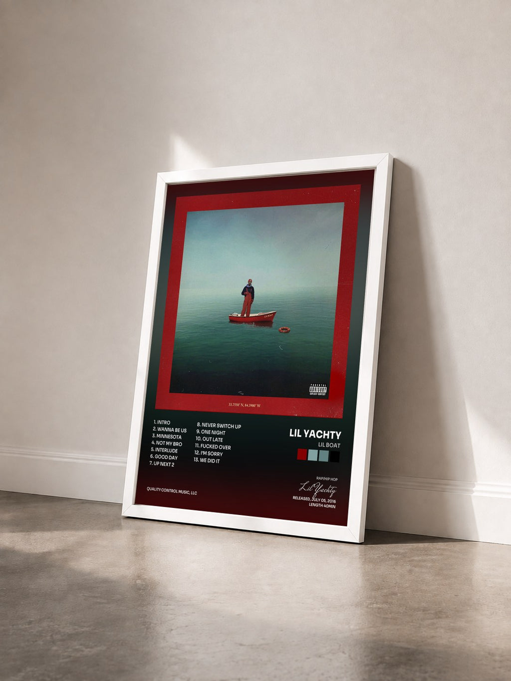 #blanc Lil Boat de Lil Yachty en lámina enmarcada vista de tres cuartos, marco blanco