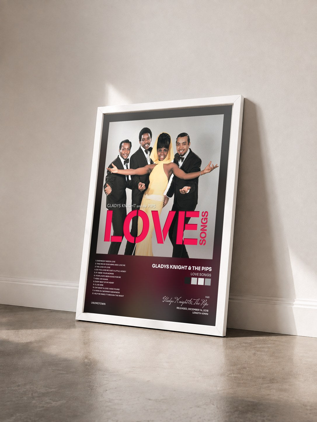 #blanc Tableau de l'album Love Songs de Gladys Knight & The Pips vu de trois quarts, cadre blanc