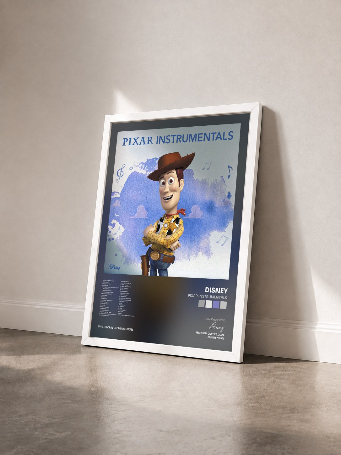 #blanc Tableau de l'album Pixar Instrumentals de Disney vu de trois quarts, cadre blanc
