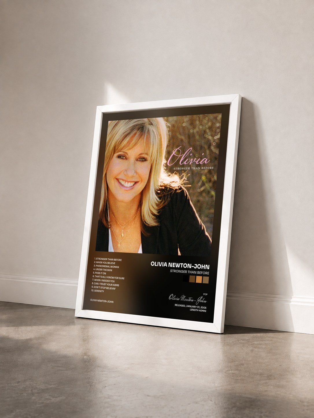 #blanc Tableau de l'album Stronger Than Before de Olivia Newton-John vu de trois quarts, cadre blanc