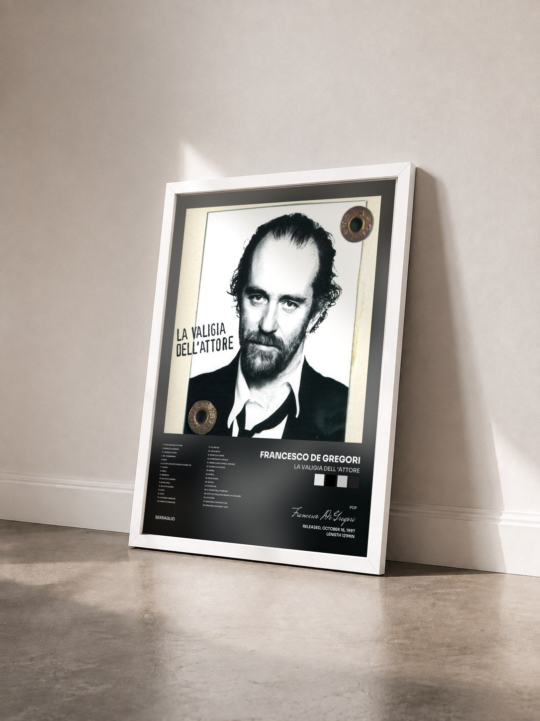 #blanc Tableau de l'album La Valigia Dell 'Attore de Francesco De Gregori vu de trois quarts, cadre blanc