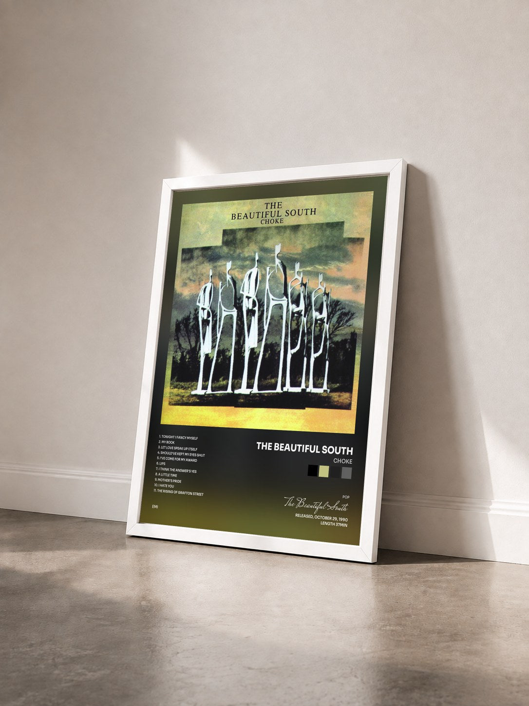 #blanc Tableau de l'album Choke de The Beautiful South vu de trois quarts, cadre blanc