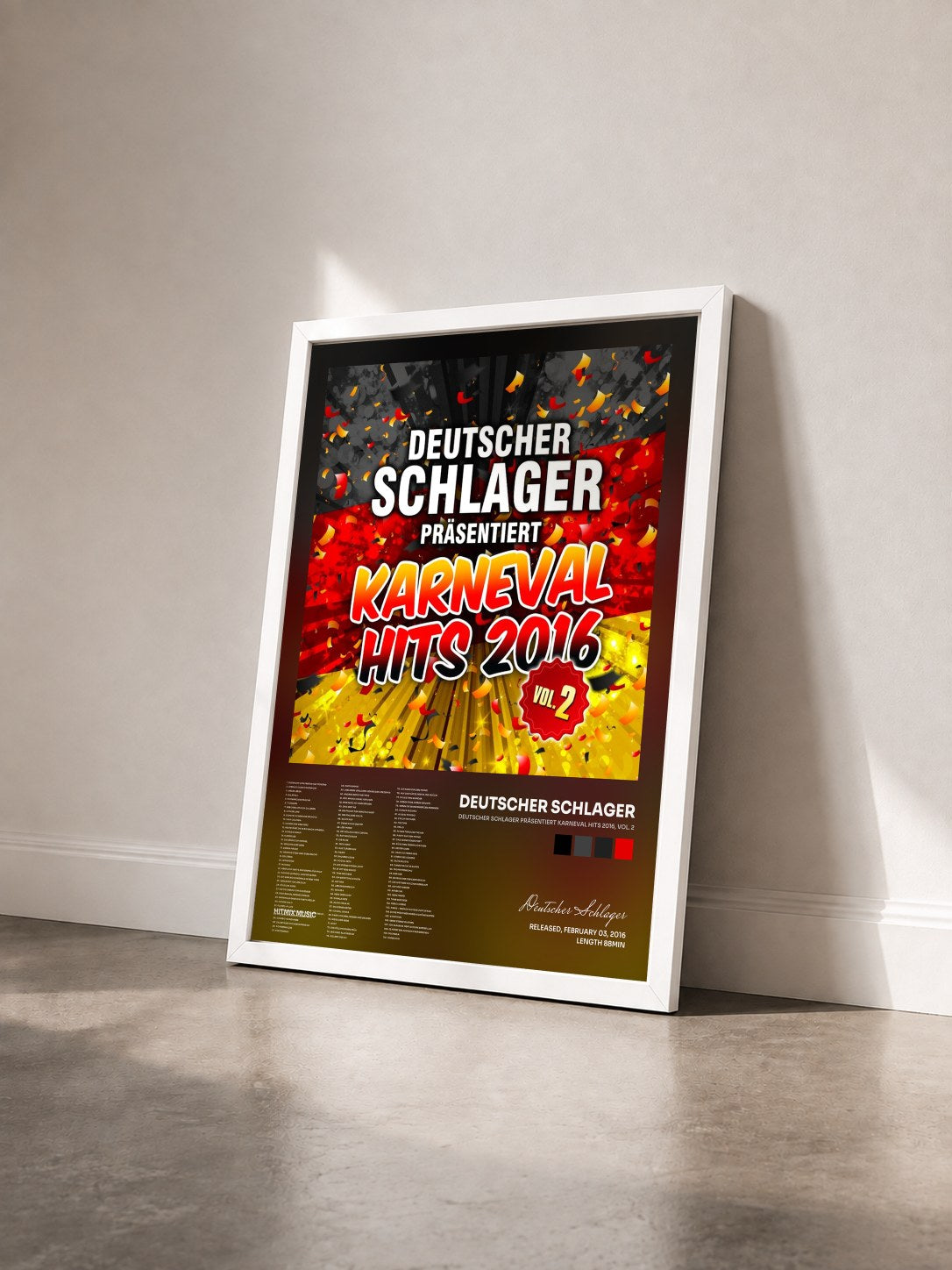 #blanc Tableau de l'album Deutscher Schlager präsentiert Karneval Hits 2016, Vol. 2 de Deutscher Schlager vu de trois quarts, cadre blanc