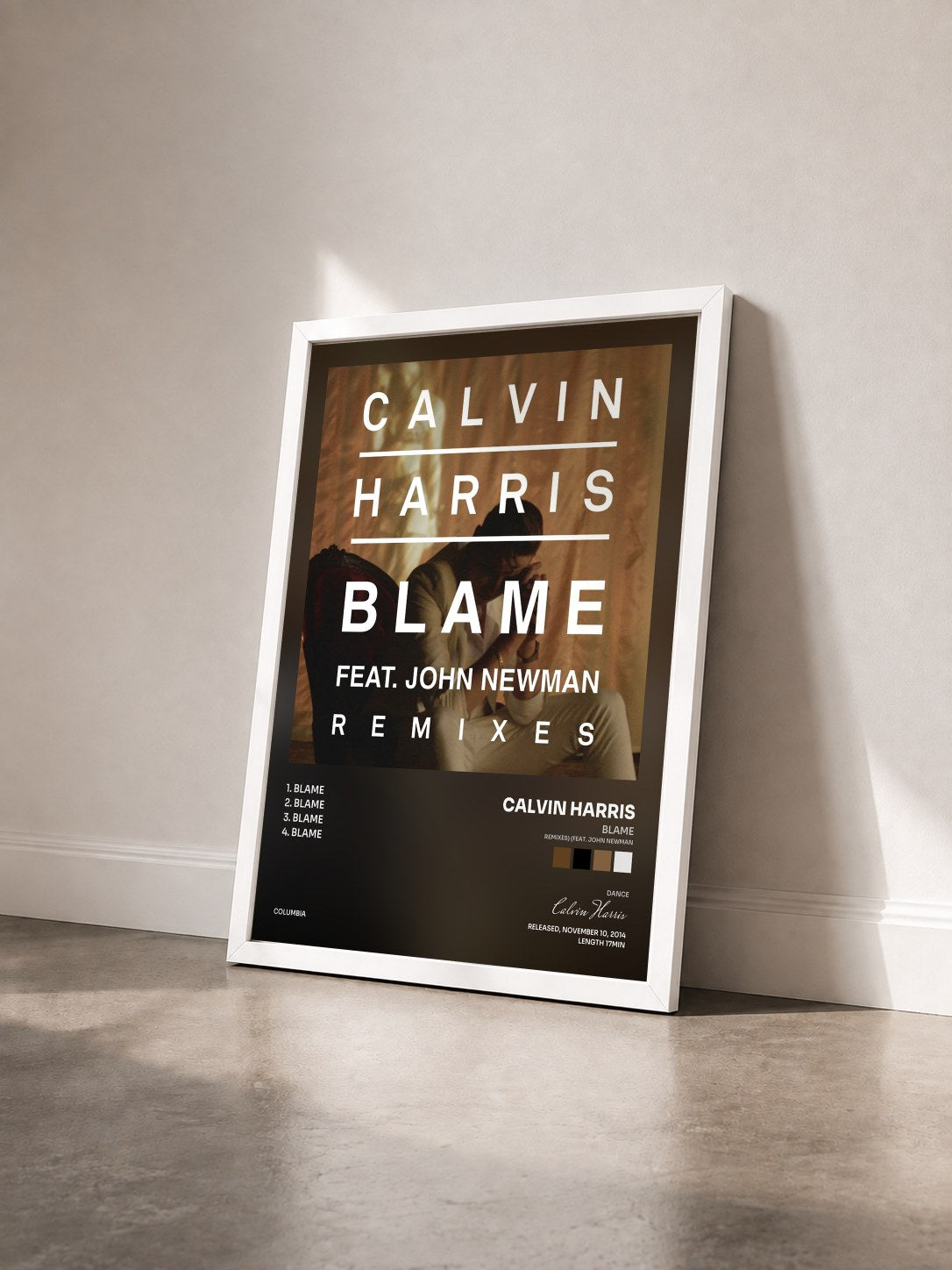#blanc Tableau de l'album Blame (Remixes) (feat. John Newman) de Calvin Harris vu de trois quarts, cadre blanc
