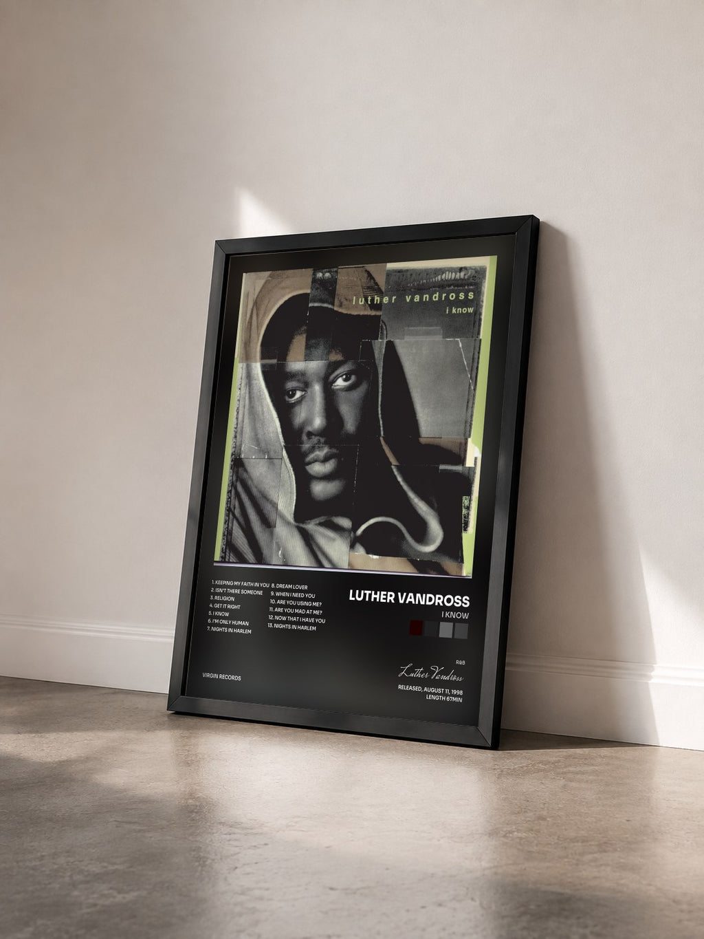 #noir Tableau de l'album I Know de Luther Vandross vu de trois quarts, cadre noir