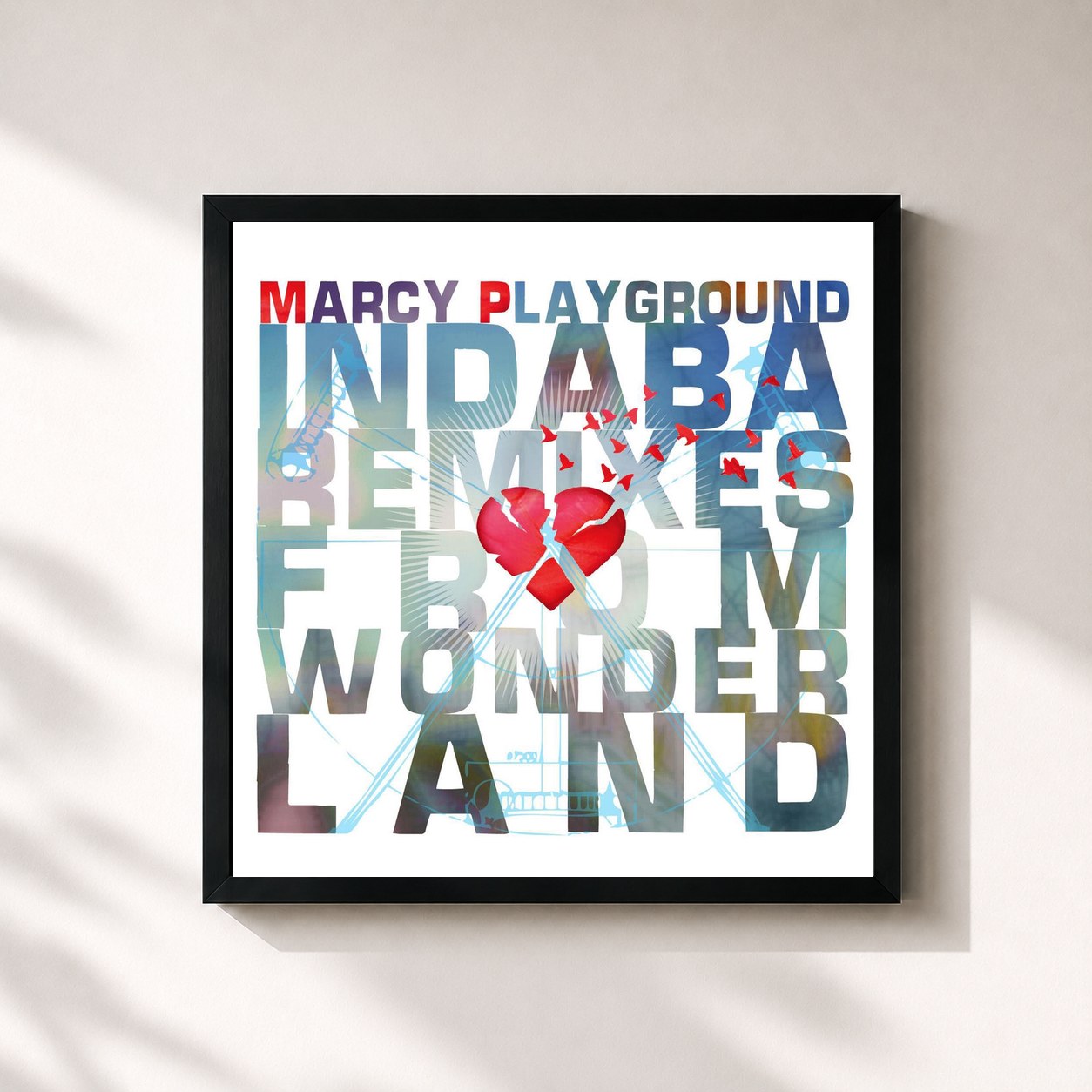 #noir Tableau carré de l'album Indaba Remixes From Wonderland de Marcy Playground, cadre noir 32x32 cm
