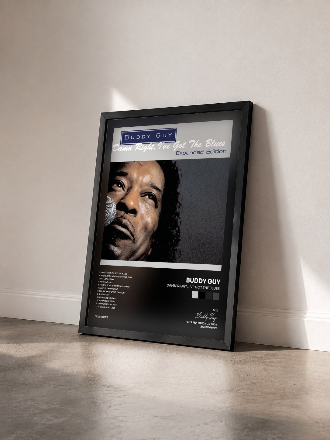 #noir Damn Right, I've Got The Blues de Buddy Guy en lámina enmarcada vista de tres cuartos, marco negro