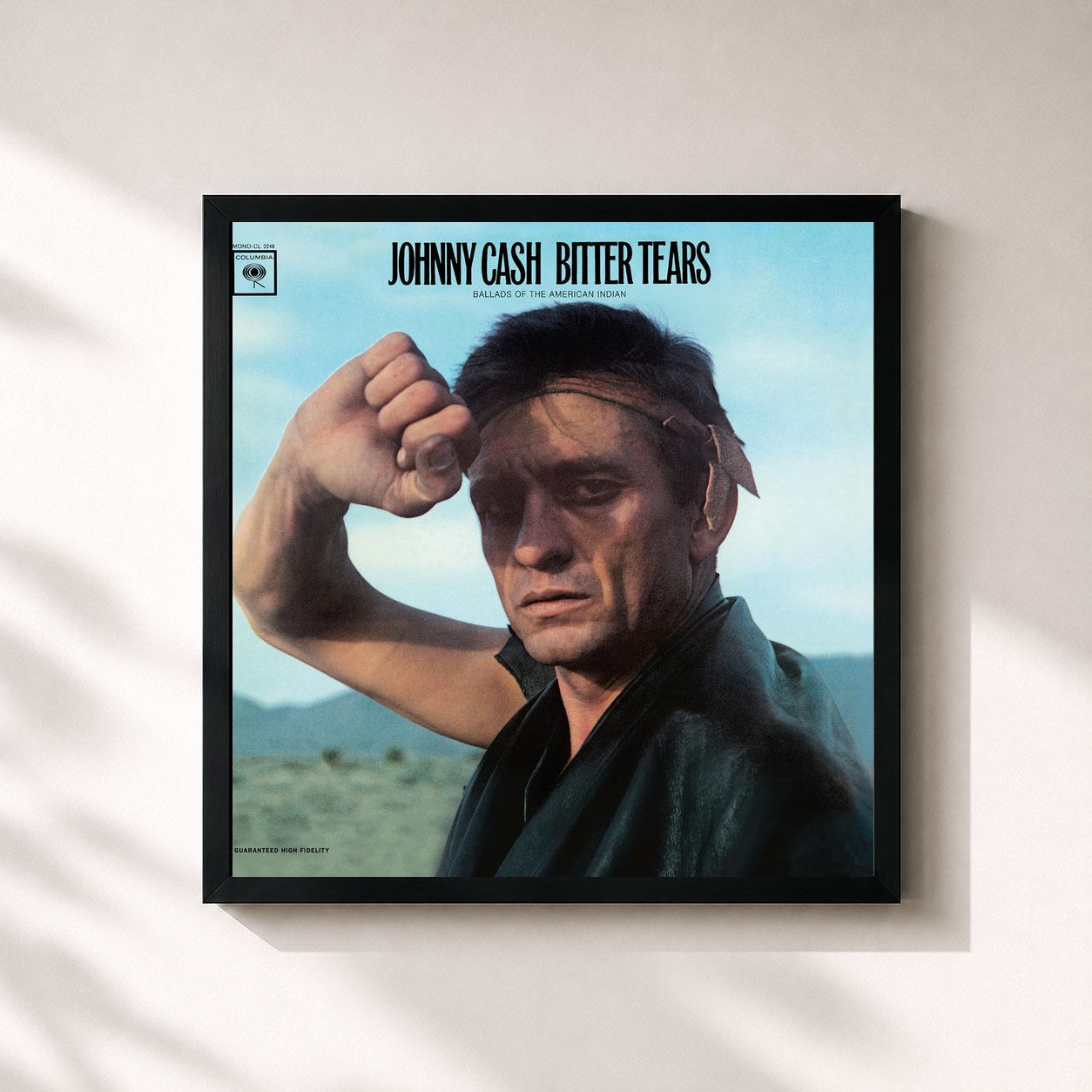 #noir Tableau carré de l'album Bitter Tears: Johnny Cash Sings Ballads Of The American Indian de Johnny Cash, cadre noir 32x32 cm