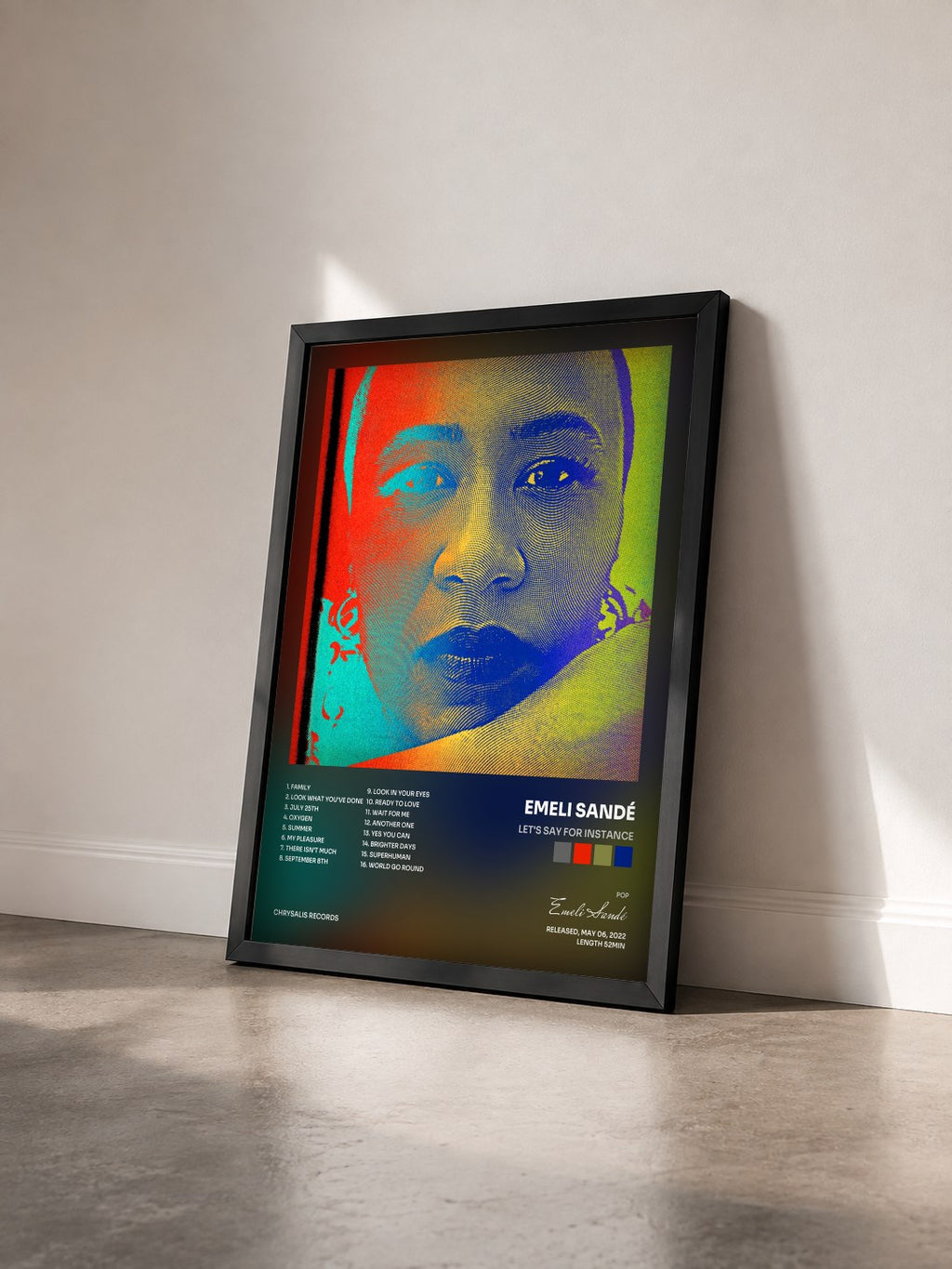 #noir Let's Say For Instance by Emeli Sandé as a framed art print seen at an angle, black frame