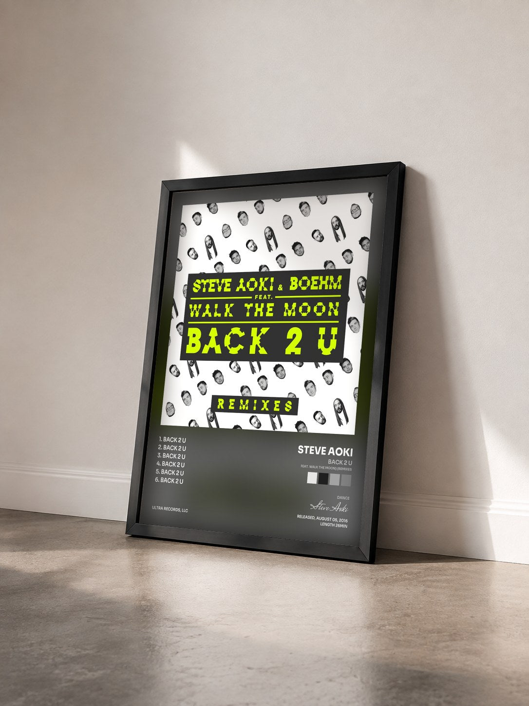 #noir Tableau de l'album Back 2 U (feat. WALK THE MOON) (Remixes) de Steve Aoki vu de trois quarts, cadre noir