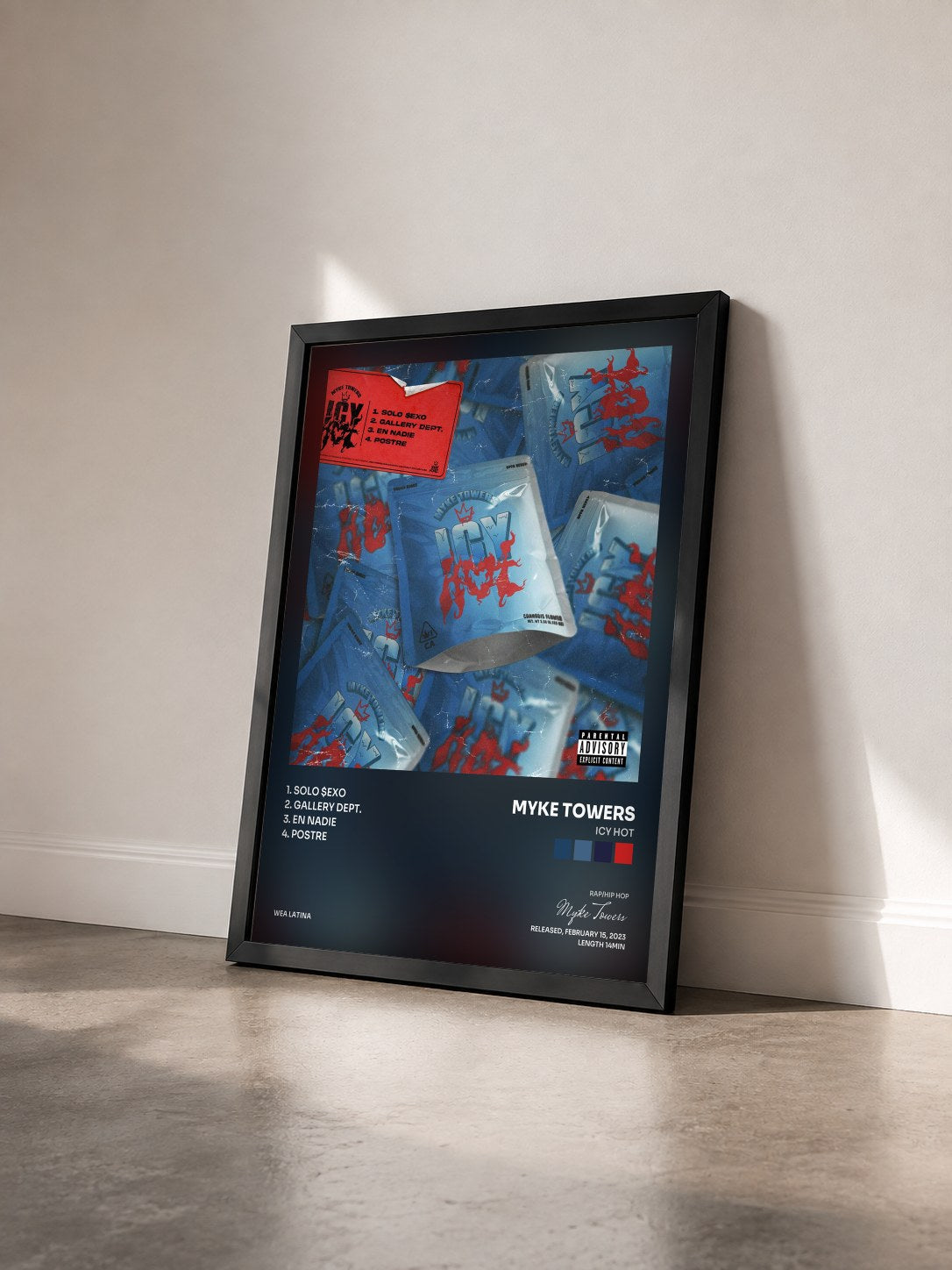 #noir Icy Hot by Myke Towers as a framed art print seen at an angle, black frame