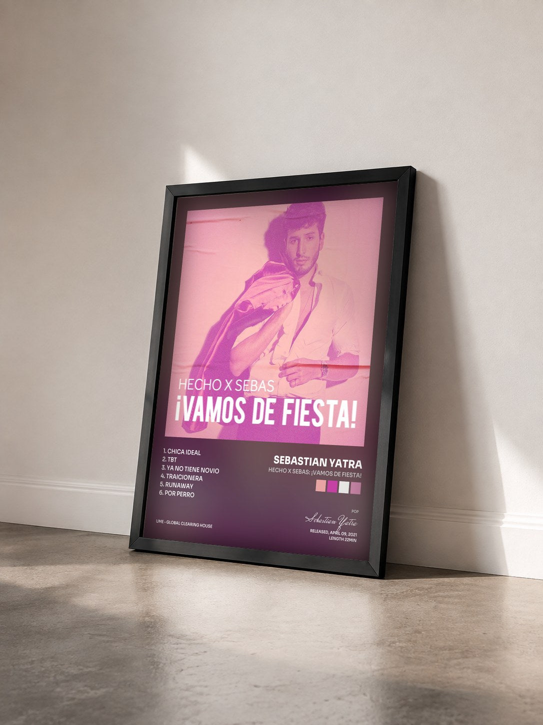 #noir Hecho x Sebas: ¡Vamos by Fiesta! de Sebastian Yatra as a framed art print seen at an angle, black frame