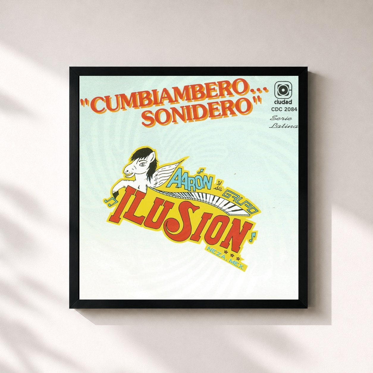 #noir Tableau carré de l'album "Cumbiambero Sonidero" (Serie Latina) de Aaron y su grupo Ilusion, cadre noir 32x32 cm