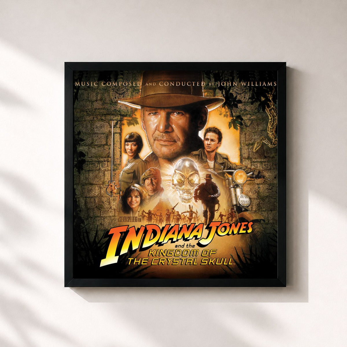 #noir Tableau carré de l'album Indiana Jones and the Kingdom of the Crystal Skull (Original Motion Picture Soundtrack) de John Williams, cadre noir 32x32 cm