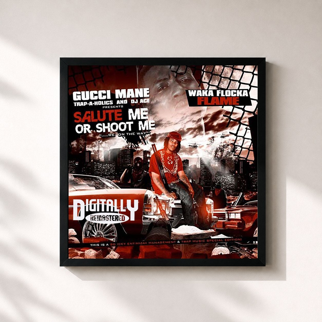#noir Tableau carré de l'album Salute Me Or Shoot Me 1 de Waka Flocka Flame, cadre noir 32x32 cm
