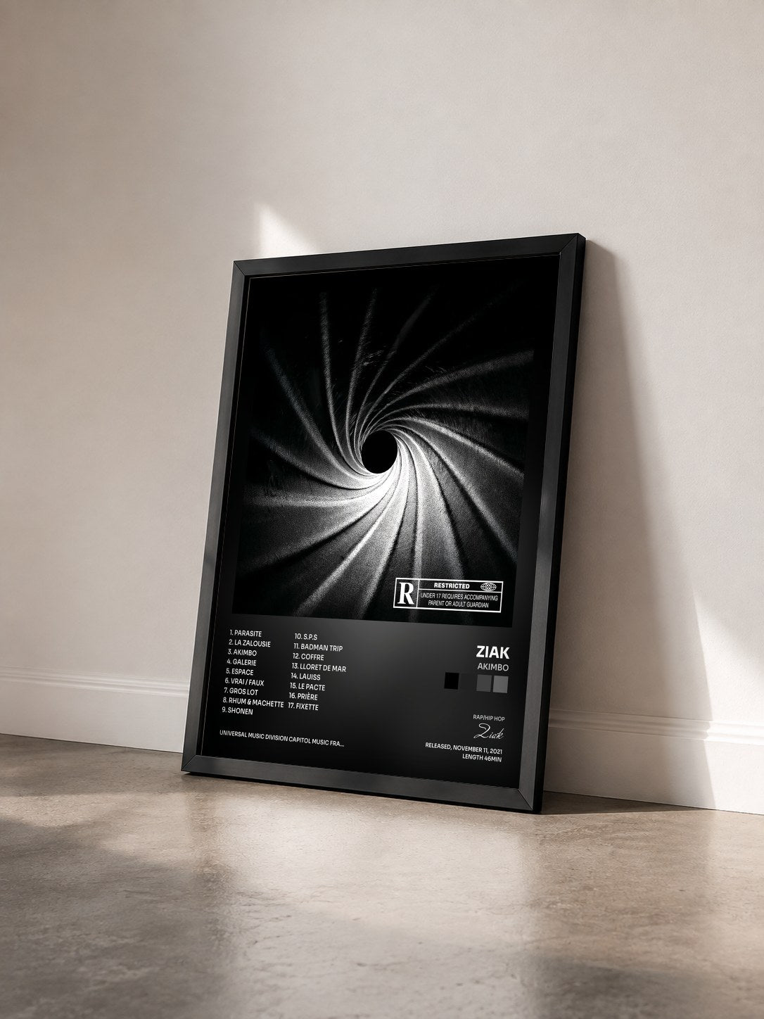 #noir Akimbo by Ziak as a framed art print seen at an angle, black frame