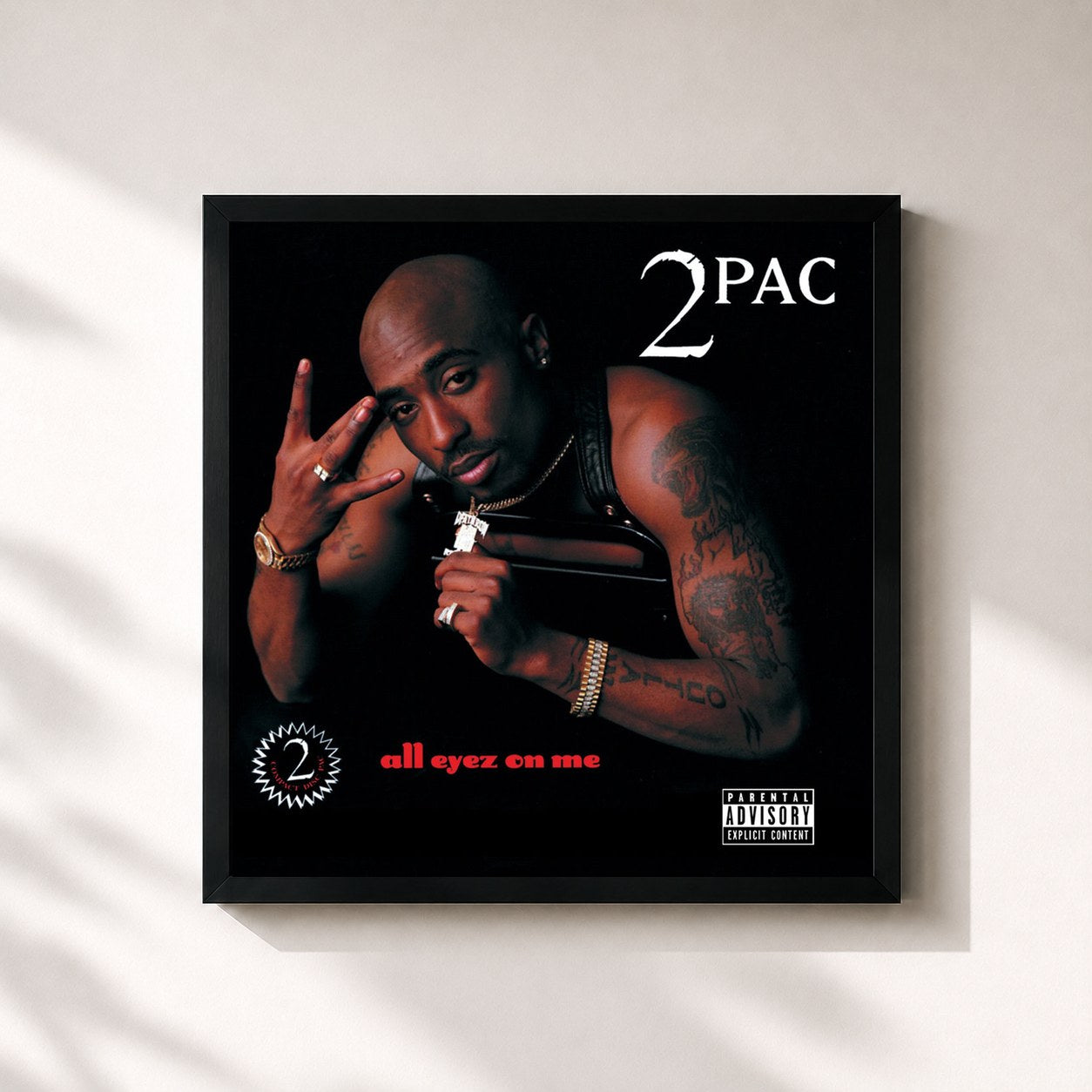 #noir Tableau carré de l'album All Eyez On Me de 2Pac, cadre noir 32x32 cm