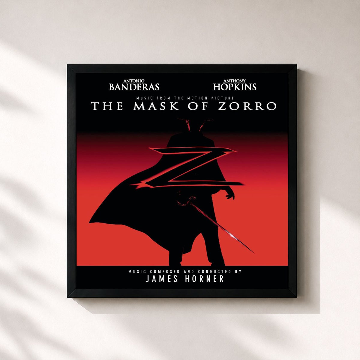 #noir Tableau carré de l'album The Mask of Zorro - Music from the Motion Picture de James Horner, cadre noir 32x32 cm