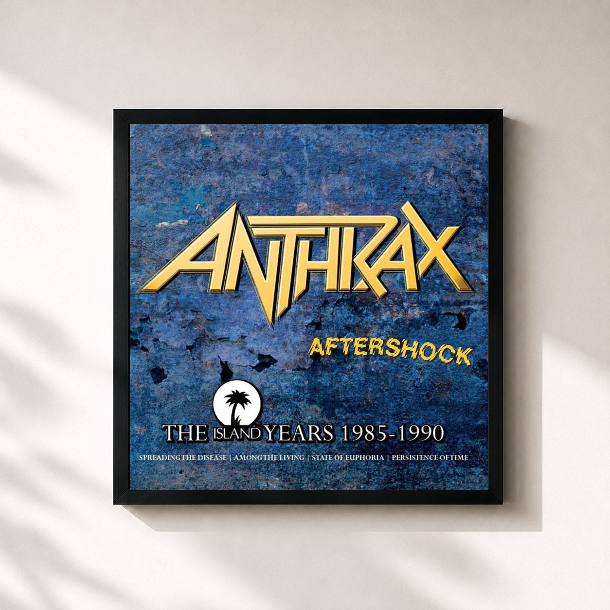 #noir Tableau carré de l'album Aftershock - The Island Years 1985 - 1990 de Anthrax, cadre noir 32x32 cm