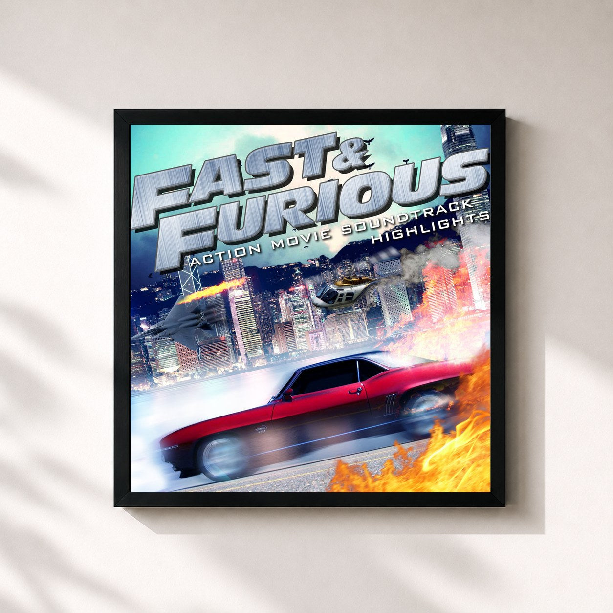 #noir Tableau carré de l'album Fast & Furious: Action Movie Soundtrack Highlights de L'orchestra Cinematique, cadre noir 32x32 cm