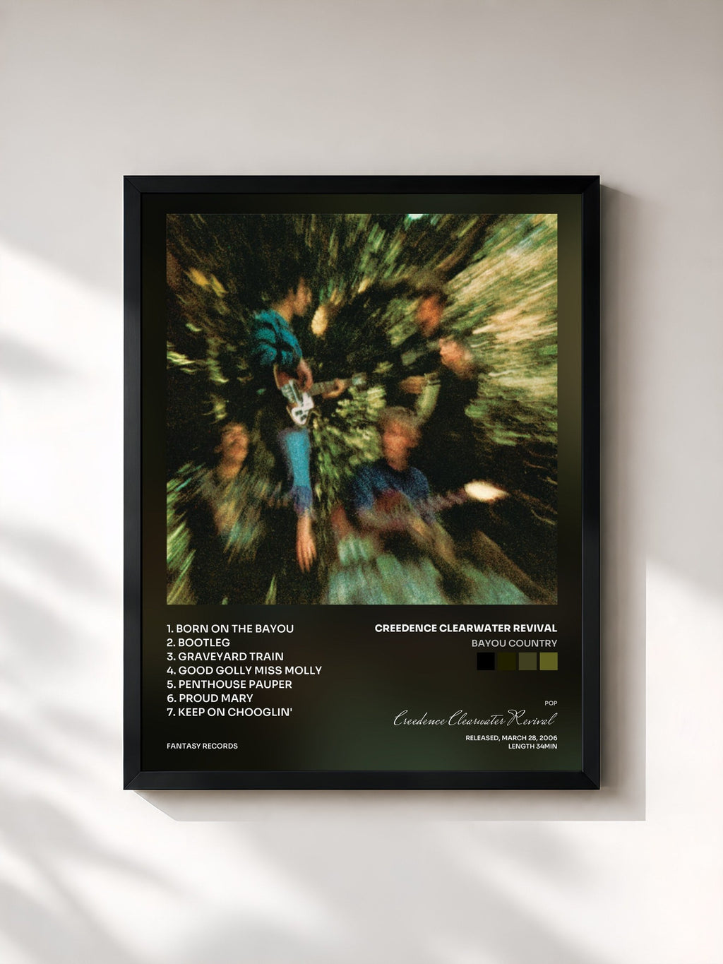#noir Tableau de l'album Bayou Country de Creedence Clearwater Revival, cadre noir, imprimé et encadré en France