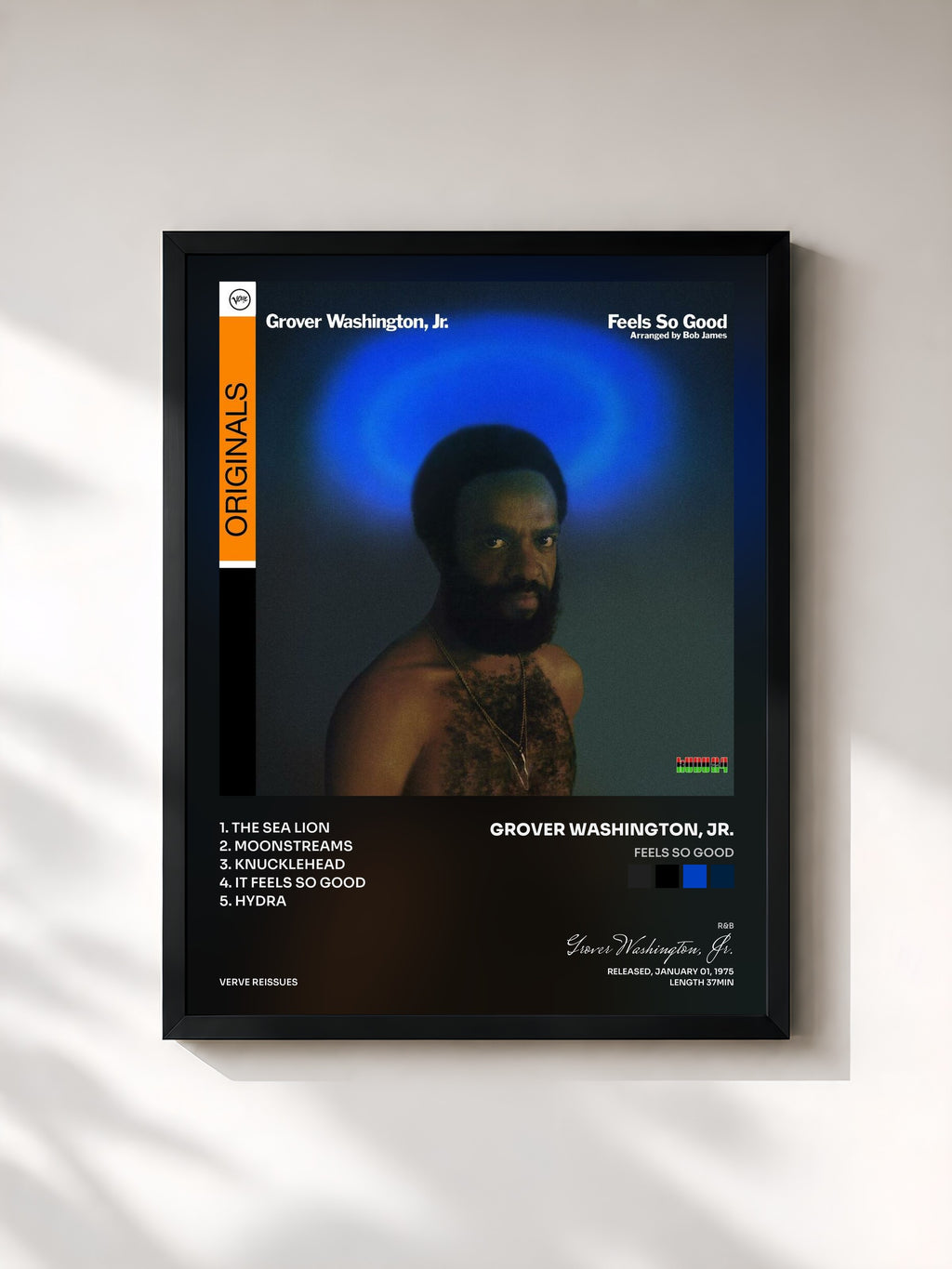#noir Tableau de l'album Feels So Good de Grover Washington, Jr., cadre noir, imprimé et encadré en France