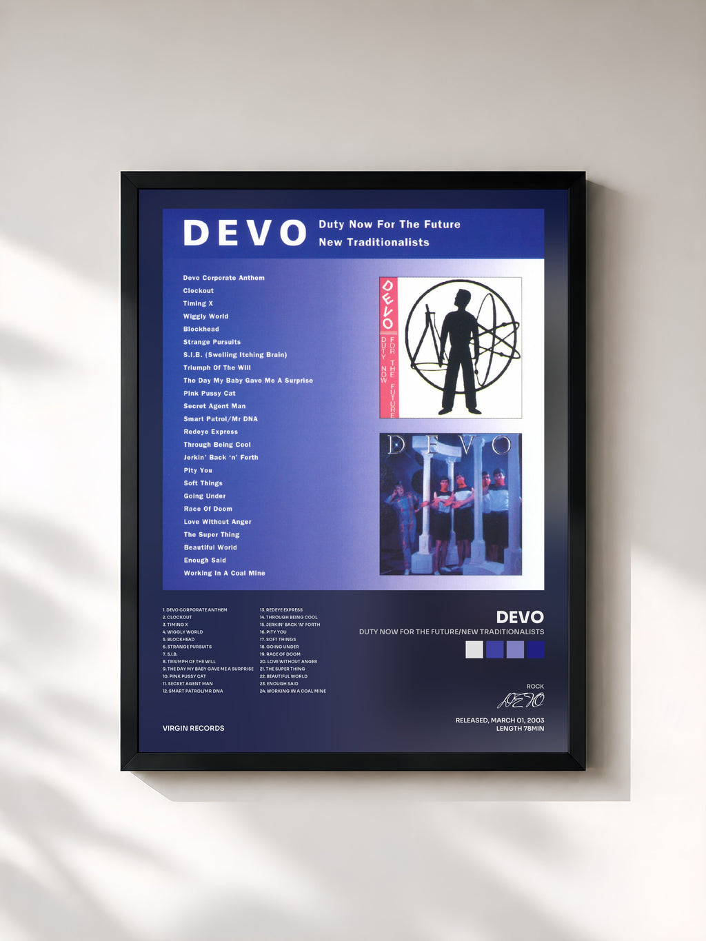 #noir Tableau de l'album Duty Now For The Future/New Traditionalists de DEVO, cadre noir, imprimé et encadré en France
