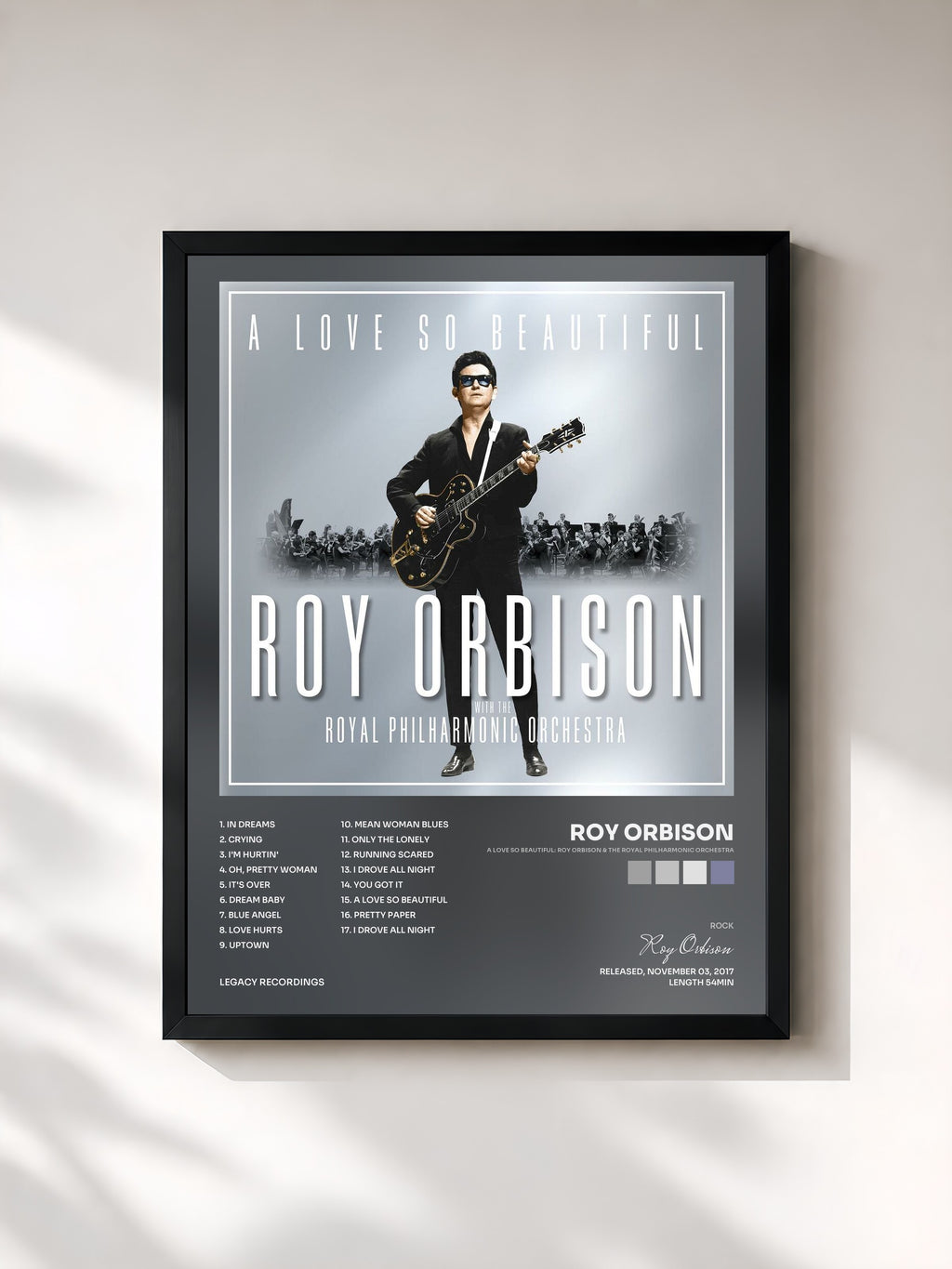 #noir Tableau de l'album A Love So Beautiful: Roy Orbison & The Royal Philharmonic Orchestra de Roy Orbison, cadre noir, imprimé et encadré en France