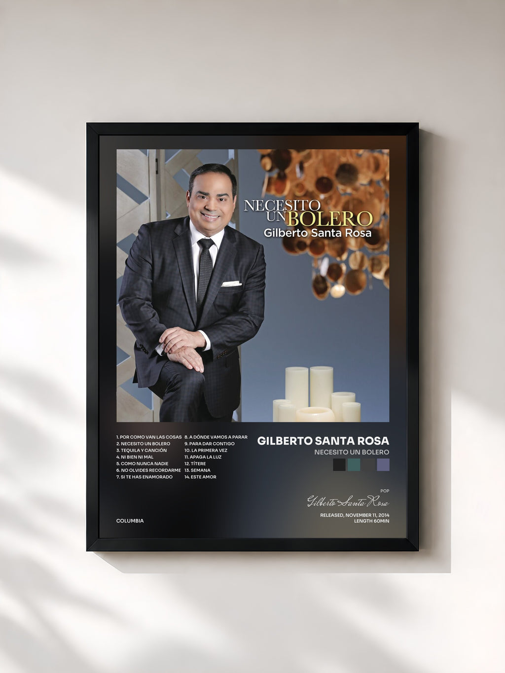 #noir Tableau de l'album Necesito un Bolero de Gilberto Santa Rosa, cadre noir, imprimé et encadré en France
