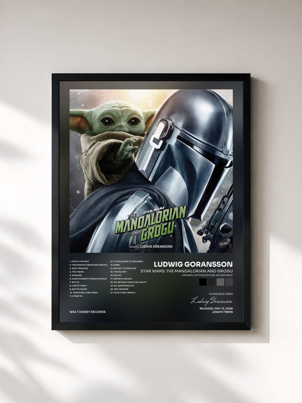 #noir Star Wars: The Mandalorian and Grogu (Original Motion Picture Soundtrack) de Ludwig Goransson en lámina enmarcada, marco negro, impresa y enmarcada en Francia