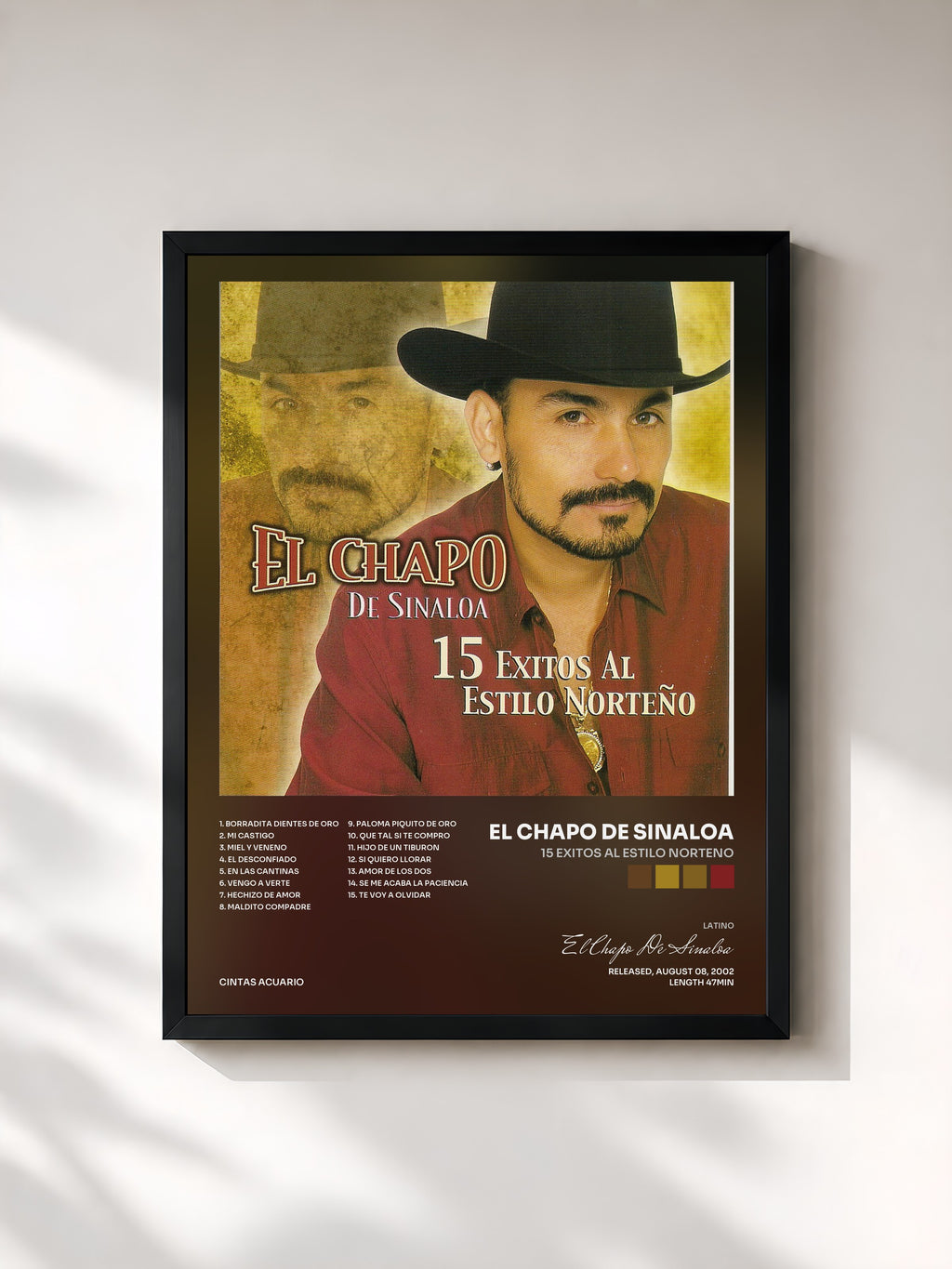 #noir Tableau de l'album 15 Exitos al Estilo Norteno de El Chapo De Sinaloa, cadre noir, imprimé et encadré en France