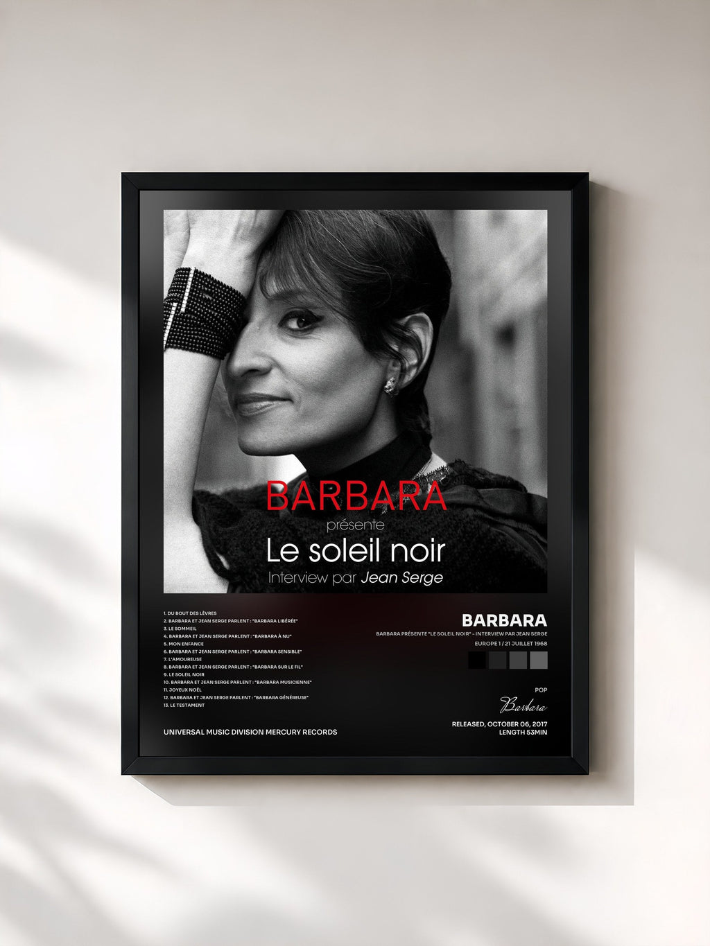 #noir Barbara présente "Le soleil noir" - Interview par Jean Serge (Europe 1 / 21 juillet 1968) de Barbara en lámina enmarcada, marco negro, impresa y enmarcada en Francia