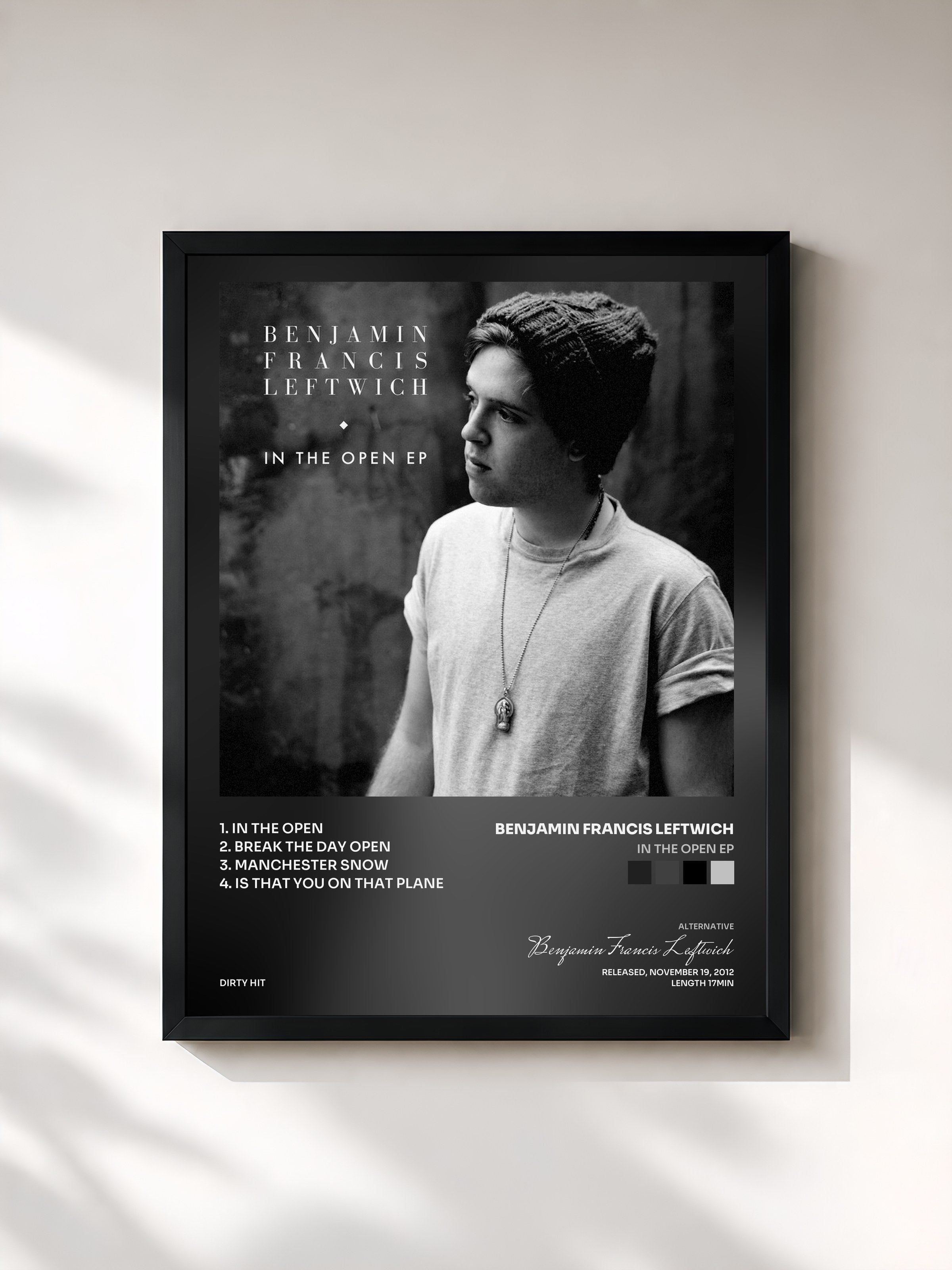 #noir Tableau de l'album In the Open EP de Benjamin Francis Leftwich, cadre noir, imprimé et encadré en France
