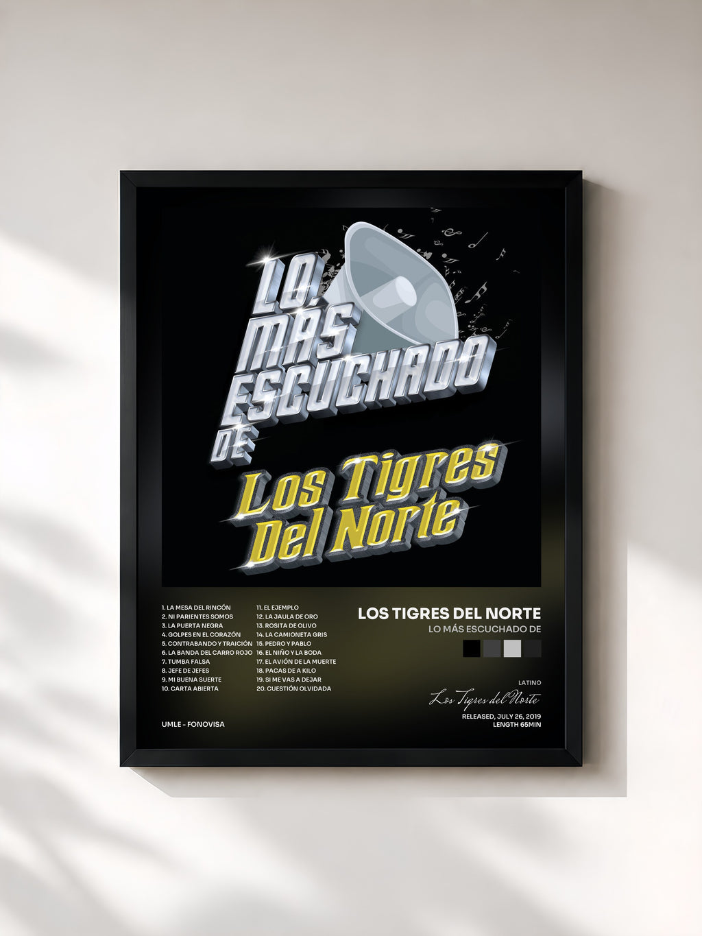 #noir Tableau de l'album Lo Más Escuchado De de Los Tigres del Norte, cadre noir, imprimé et encadré en France