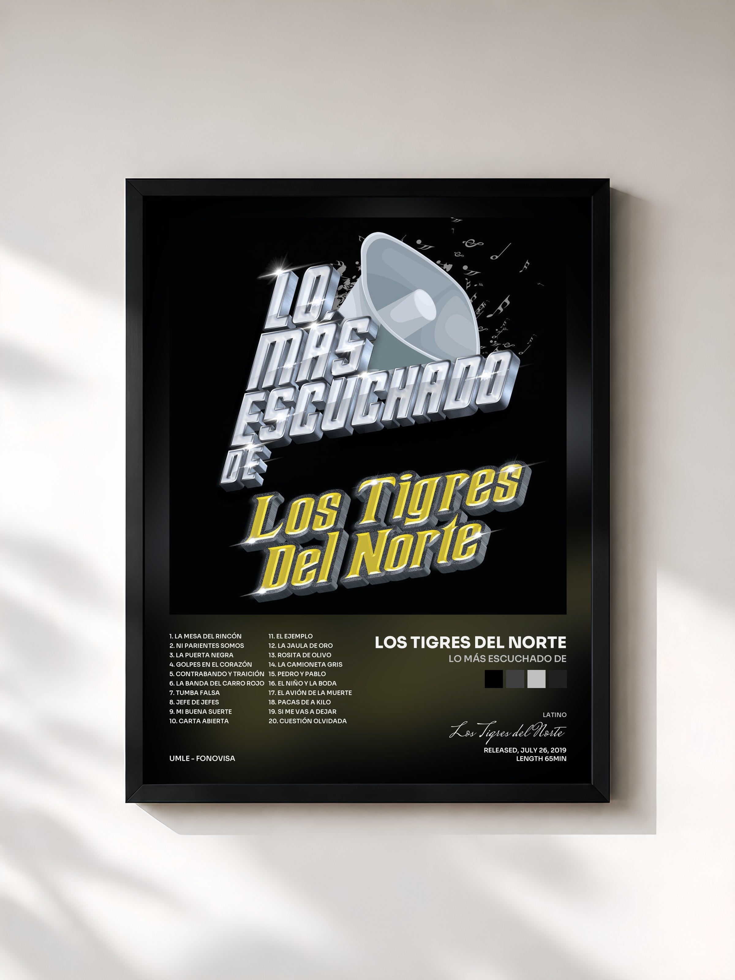 #noir Tableau de l'album Lo Más Escuchado De de Los Tigres del Norte, cadre noir, imprimé et encadré en France