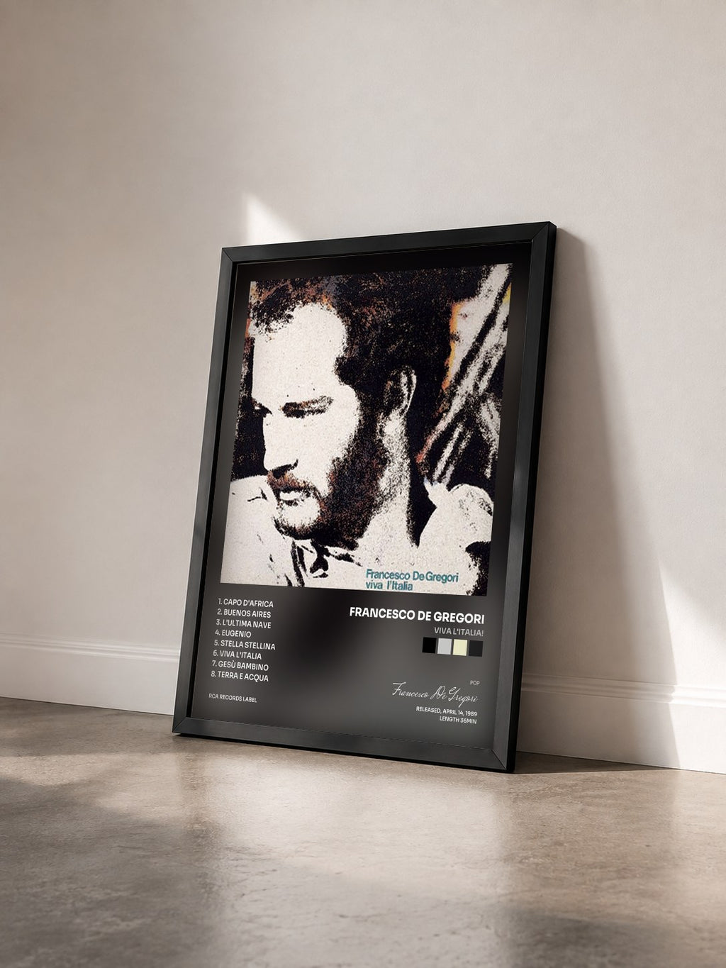 #noir Tableau de l'album Viva L'Italia! de Francesco De Gregori vu de trois quarts, cadre noir