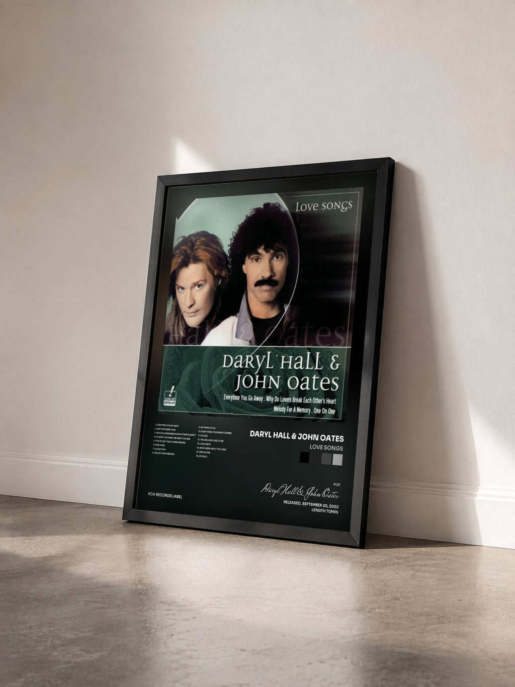 #noir Tableau de l'album Love Songs de Daryl Hall & John Oates vu de trois quarts, cadre noir