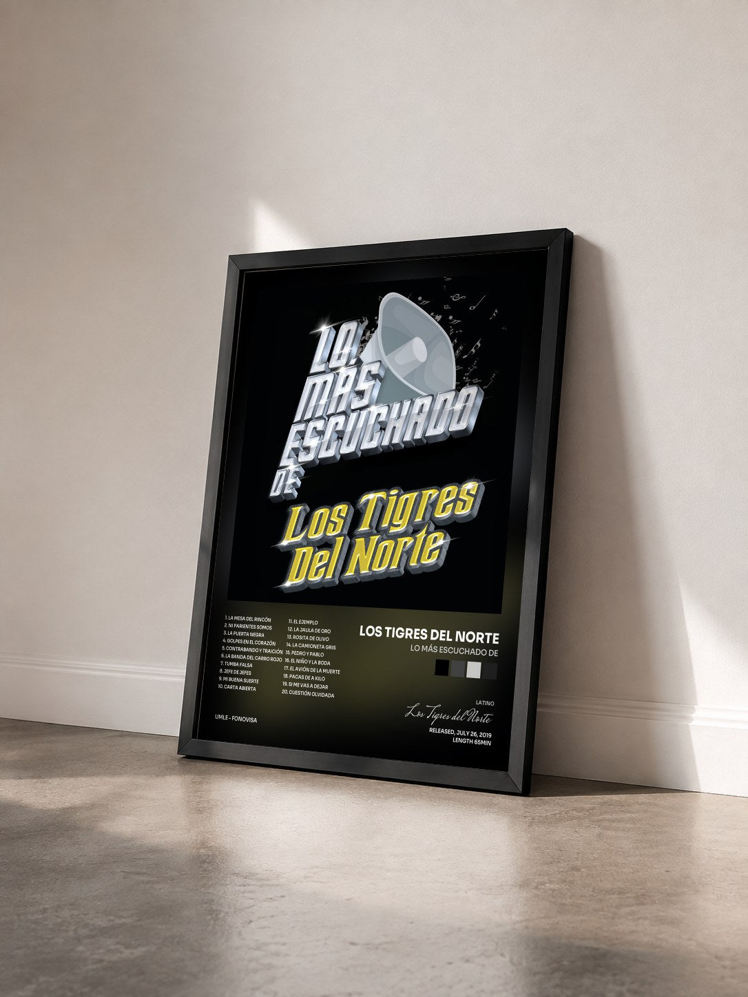 #noir Tableau de l'album Lo Más Escuchado De de Los Tigres del Norte vu de trois quarts, cadre noir