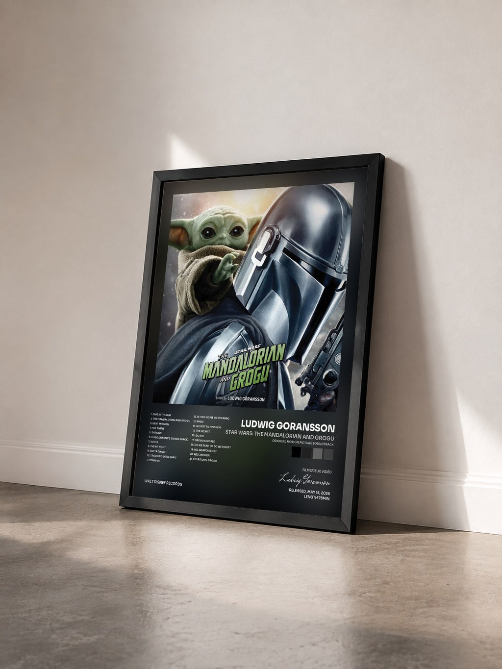#noir Star Wars: The Mandalorian and Grogu (Original Motion Picture Soundtrack) de Ludwig Goransson en lámina enmarcada vista de tres cuartos, marco negro