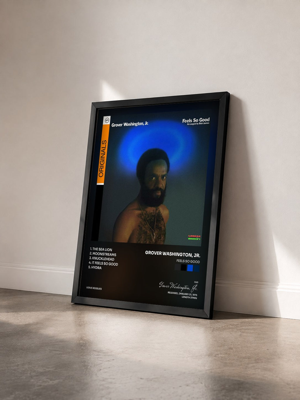 #noir Tableau de l'album Feels So Good de Grover Washington, Jr. vu de trois quarts, cadre noir