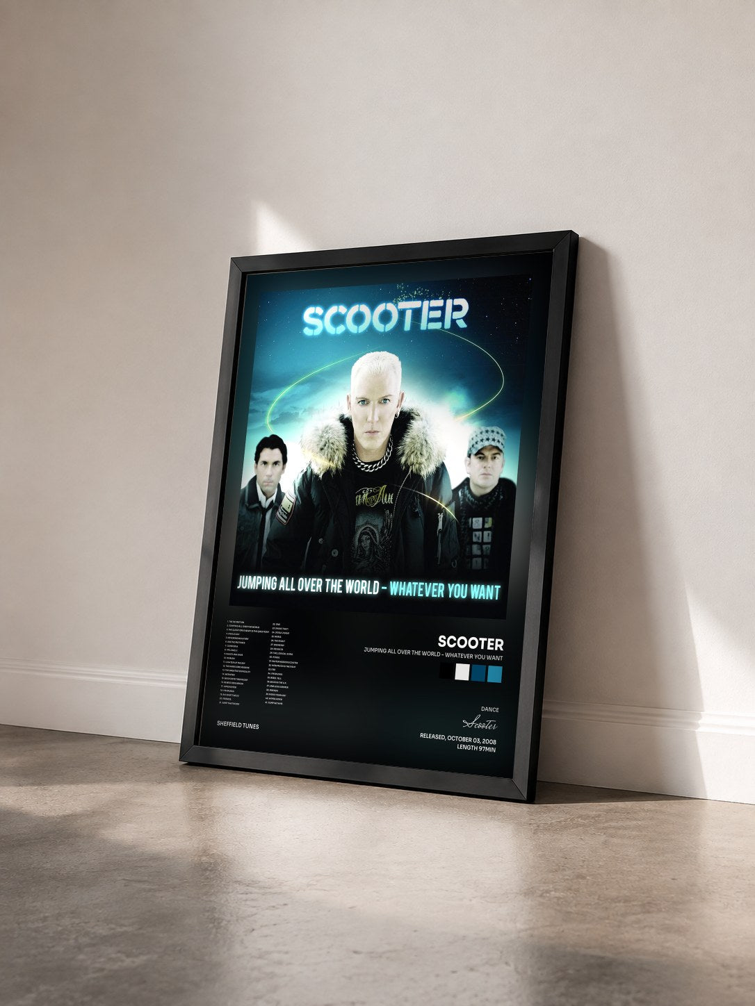 #noir Tableau de l'album Jumping All over the World - Whatever You Want de Scooter vu de trois quarts, cadre noir