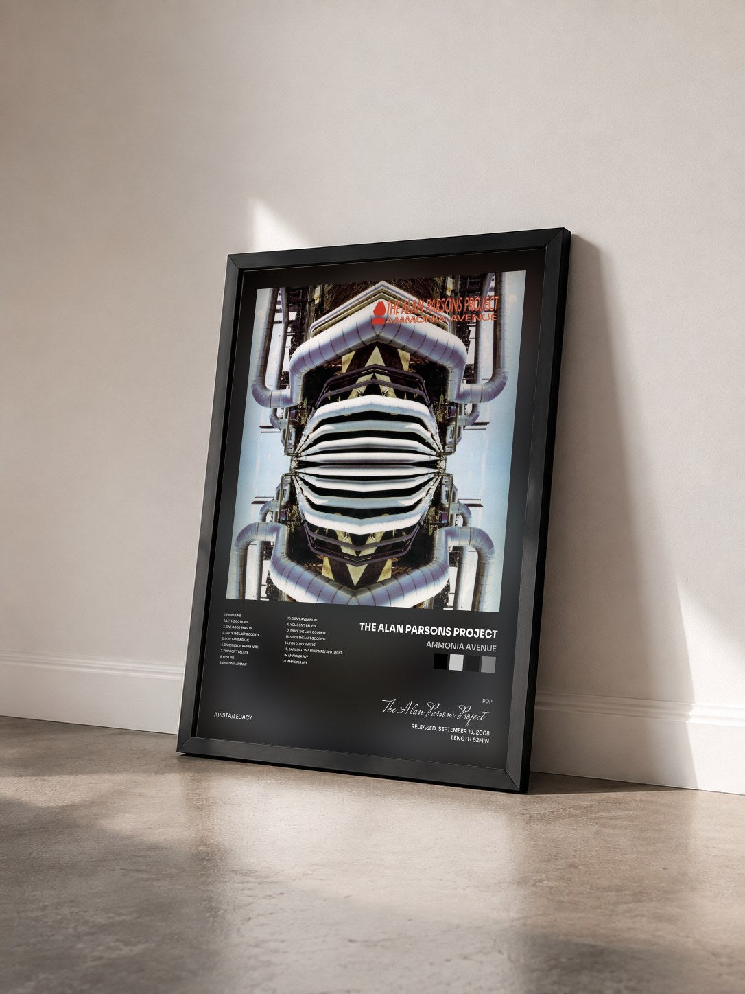 #noir Tableau de l'album Ammonia Avenue de The Alan Parsons Project vu de trois quarts, cadre noir