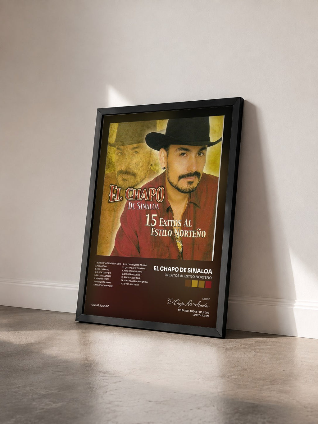 #noir Tableau de l'album 15 Exitos al Estilo Norteno de El Chapo De Sinaloa vu de trois quarts, cadre noir