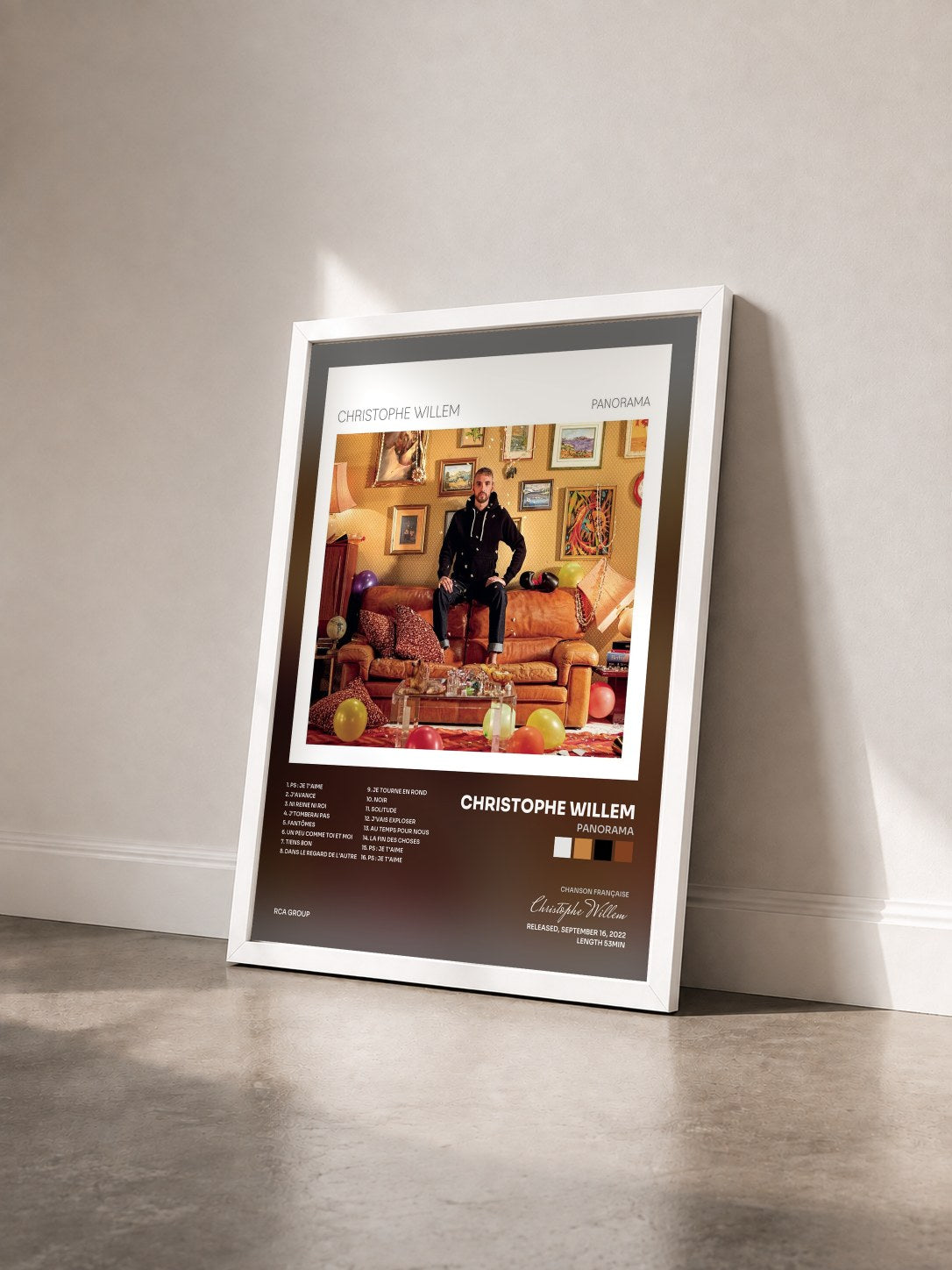 #blanc Tableau de l'album Panorama de Christophe Willem vu de trois quarts, cadre blanc