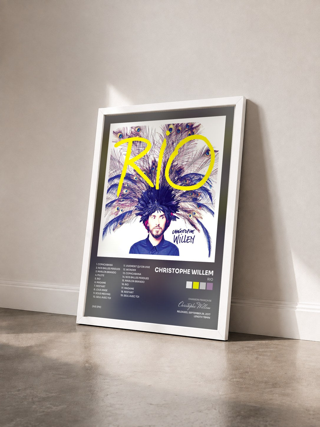 #blanc Tableau de l'album Rio de Christophe Willem vu de trois quarts, cadre blanc