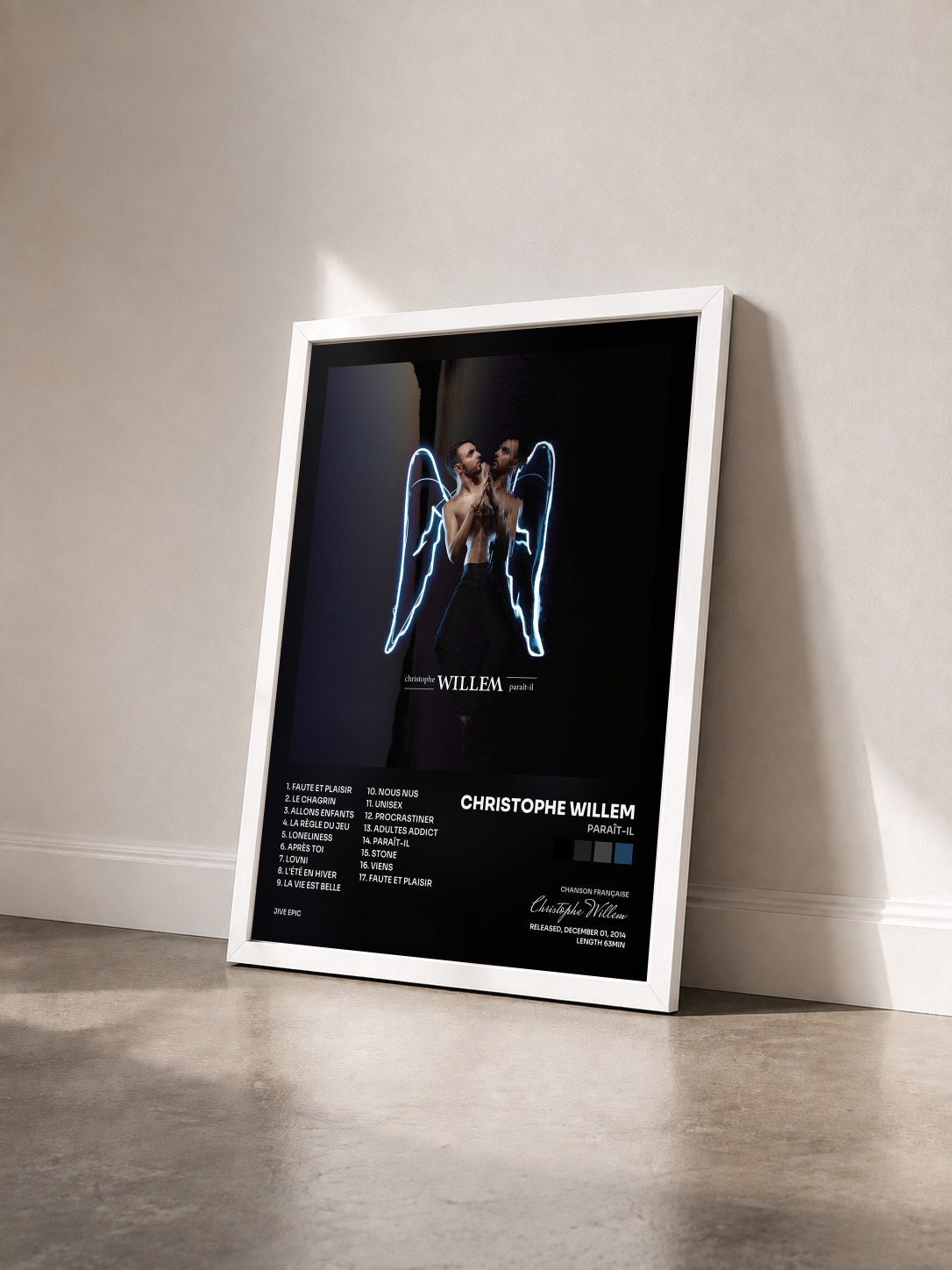 #blanc Tableau de l'album Paraît-il de Christophe Willem vu de trois quarts, cadre blanc