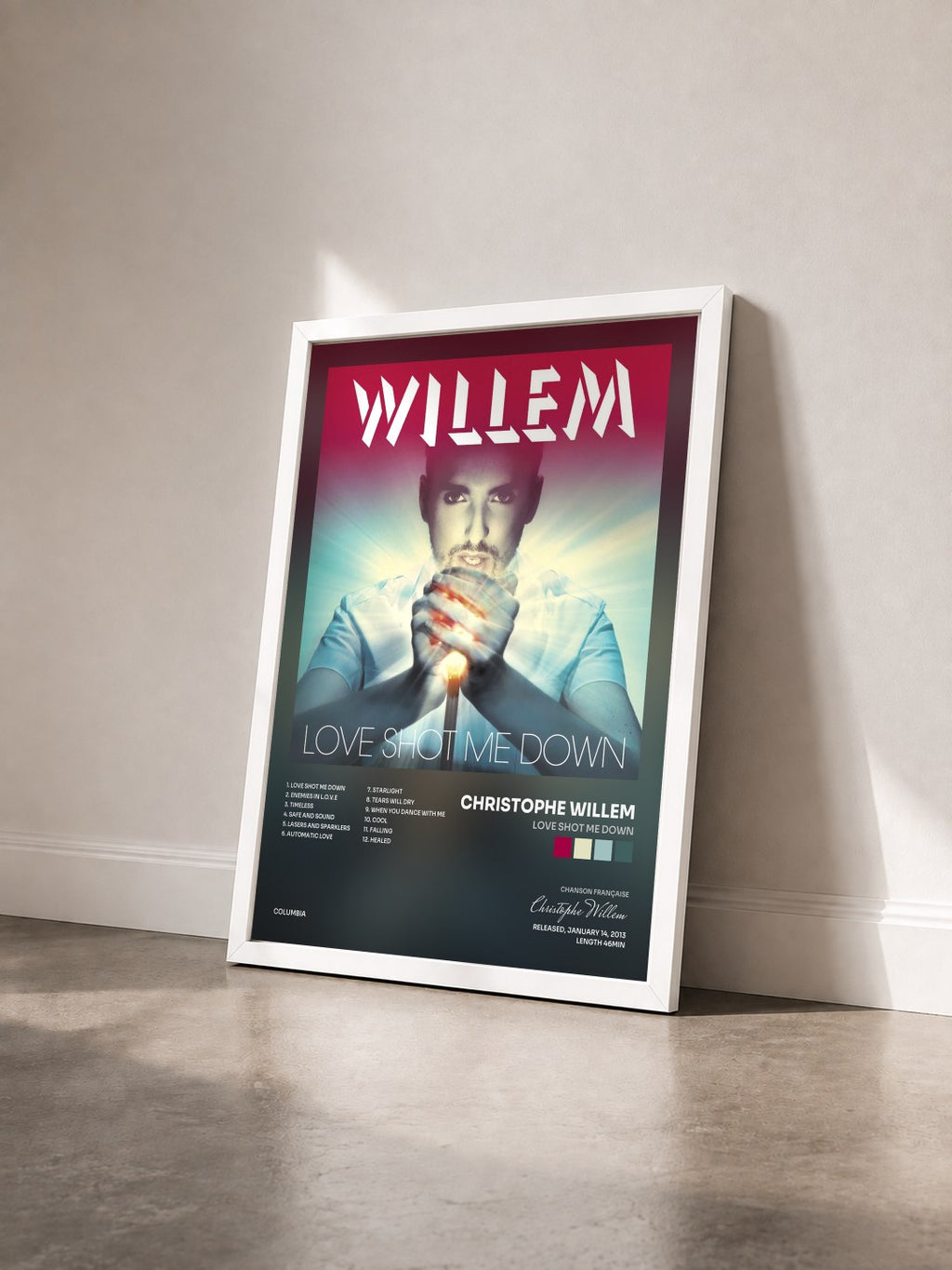 #blanc Love Shot Me Down by Christophe Willem as a framed art print seen at an angle, white frame