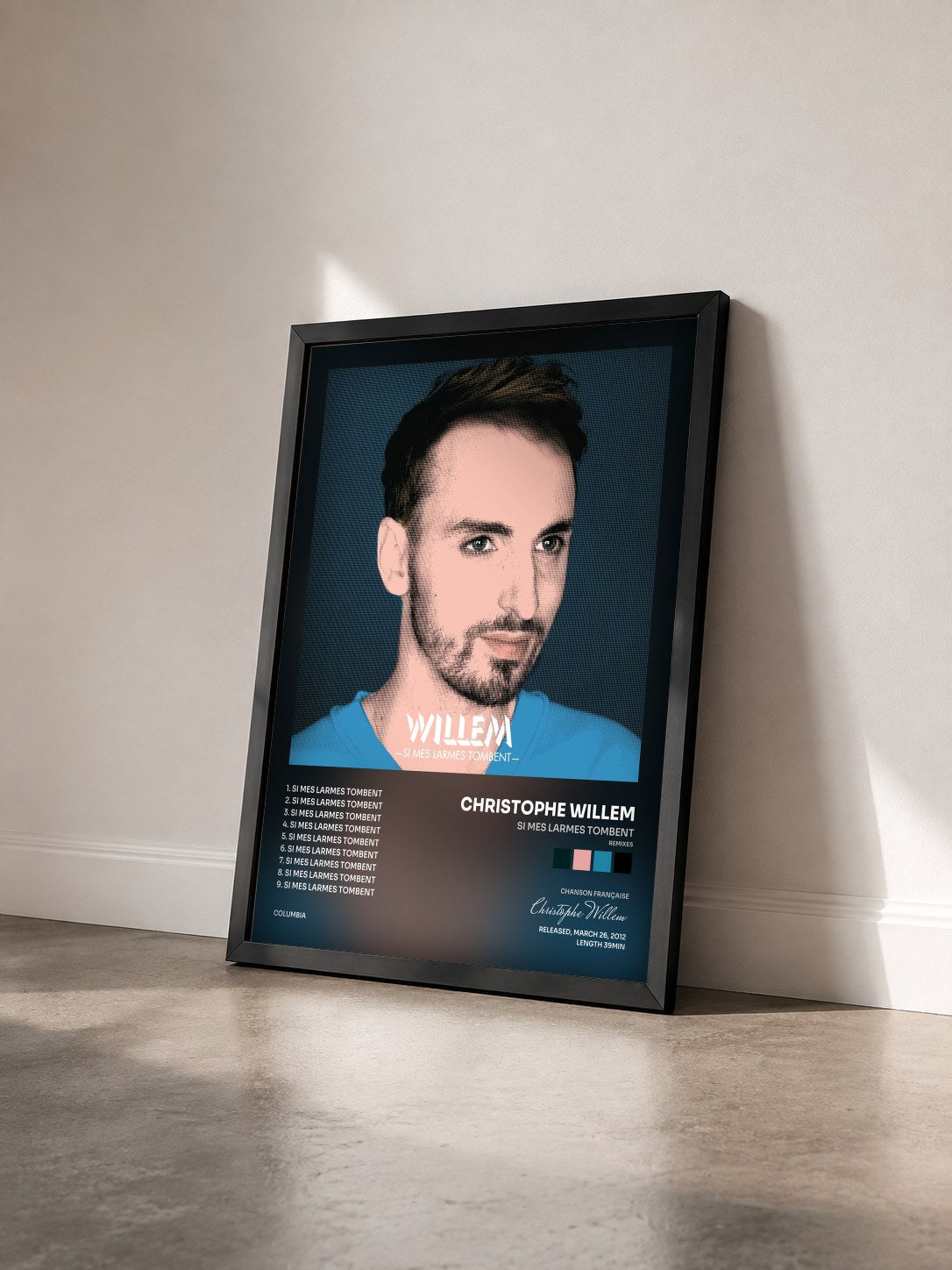 #noir Tableau de l'album Si mes larmes tombent (Remixes) de Christophe Willem vu de trois quarts, cadre noir