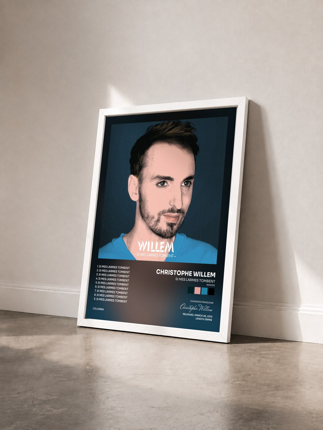 #blanc Tableau de l'album Si mes larmes tombent (Remixes) de Christophe Willem vu de trois quarts, cadre blanc